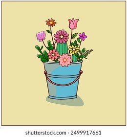 beautiful colorful flowers in a bucket