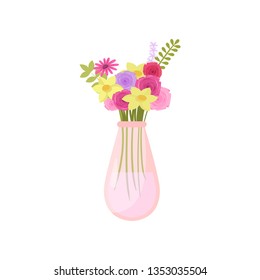 Beautiful colorful flowers composition bouquet in transparent vase over white