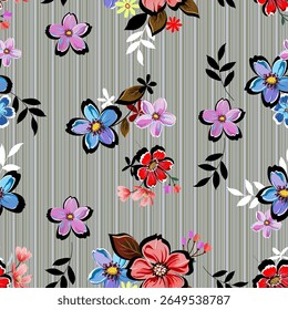Beautiful colorful flowers and cute little wild flowers. in the spring Seamless gray background with line for digital printing, fabric, textiles, gift wrap, wallpaper.