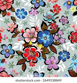 Beautiful colorful flowers and cute little wild flowers. in the spring Seamless gray background for digital printing, fabric, textiles, gift wrap, wallpaper.
