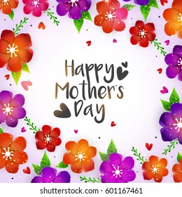 Beautiful colorful flowers decorated background. Elegant greeting card design for Happy Mother's Day celebration.