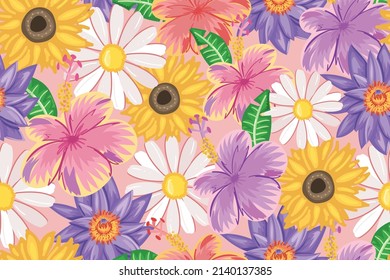 Beautiful colorful flowers. Floral style blossom drawings. Petal garden. Seamless pattern repeating texture background design. For fashion graphics, textile prints, fabrics, wallpapers.