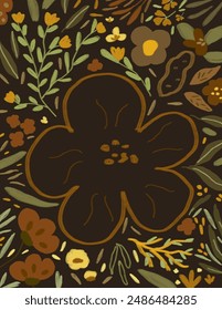 Beautiful colorful flowers and leaves patterns with the big one in the middle on brown background for branding, fabric print, wallpaper, social media post, doodle, notes, book covers, wall decor.