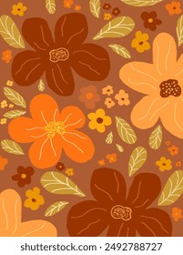 Beautiful colorful flowers and leaves patterns on brown background for web banner, branding package, fabric print, wallpaper, social media post, doodle, notes, book covers, wall decor.