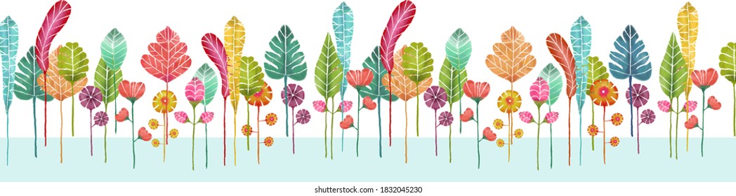 Beautiful colorful flowers and leaves in watercolor style. The elements are arranged in a horizontal row.