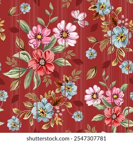 Flores coloridas bonitas, rosa, azul, vintage estilo, mão desenhada, sem costura, em um fundo listrado vermelho-escuro rosa. Projetado para tecido, moda, têxteis, papel de parede, envoltório de presente.