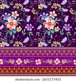 Beautiful colorful flowers, pink, white, blue, purple, hand drawn seamless on blue background. Designed for fashion fabric, textile, wallpaper, gift wrapping paper.