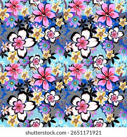 Beautiful colorful flowers, pink, white, blue, purple, hand drawn seamless pattern on grey, blue  background. Designed for fashion fabric, textile, wallpaper, gift wrapping paper.
