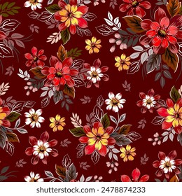 Beautiful colorful flowers, red, yellow, white, hand drawn, seamless, on a red background. Designed for fabric, fashion, textiles, wallpaper, gift wrap.