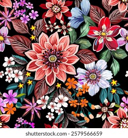 Beautiful, colorful flowers Seamless hand drawn on black background. Designed for fabric, fashion, textiles, wallpaper, gift wrap.