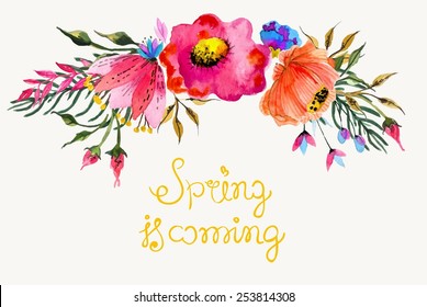 Beautiful colorful flowers, Watercolor painting for design with text