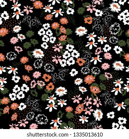 Beautiful colorful Flowery colorful pattern in small-scale flowers. Liberty style .Floral seamless background design for fashion , fabric,wallpaper,web and all prints on black 