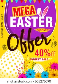 Beautiful and Colorful Flyer design based on Mega Easter Sale, Offer or Discount Banner or Poster for the celebration of Easter.