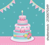 Beautiful colorful four tier Birthday cake with candle, pink bow and flowers. Poster, Banner, Flyer, Greeting Card. Vector illustration in flat cartoon style.