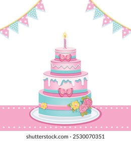 Beautiful colorful four tier Birthday cake with candle, pink bow and flowers. Poster, Banner, Flyer, Greeting Card. Vector illustration in flat cartoon style.