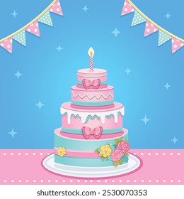 Beautiful colorful four tier Birthday cake with candle, pink bow and flowers. Poster, Banner, Flyer, Greeting Card. Vector illustration in flat cartoon style.