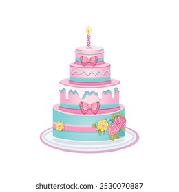 Beautiful colorful four tier Birthday cake with candle, pink bow and flowers on white background. Poster, Banner, Flyer, Greeting Card. Vector illustration in flat cartoon style.