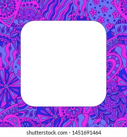 Beautiful colorful frame of abstract neon purple doodle hearts
