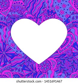 Beautiful colorful frame of abstract neon purple doodle hearts
