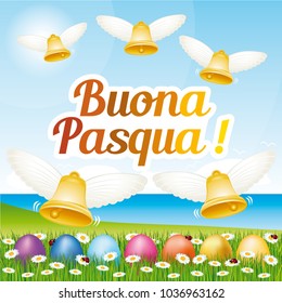 Beautiful and colorful French Happy Easter greeting card I with easter eggs and bells.  Vector italian illustration.