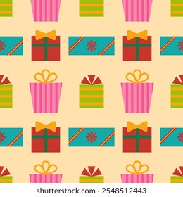 Beautiful colorful gift box seamless pattern.Scandinavian folk design background.Geometric ornament. Illustration for print decor,Christmas Holiday,happy new year,wraping paper,birthday,celebrate deco