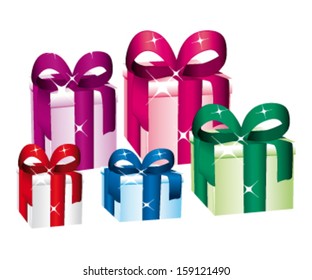 Beautiful and colorful gift boxes with large bow. Vector illustration.
