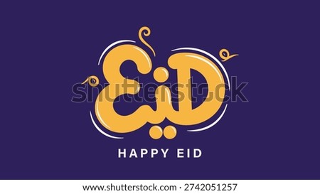 A beautiful and colorful graphic design featuring the Arabic word for Eid, accompanied by a happy message, set against a rich purple background, perfect for celebrating the Islamic holiday of Eid.