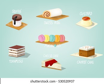 beautiful colorful graphic design illustration of popular sweet bakery cake, carrot cake,souffle cake, custard cake, tiramisu, swiss roll , cheese cake and macarons