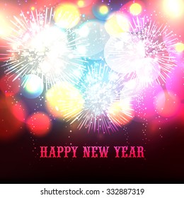 Beautiful colorful greeting card design decorated with exploded firework for Happy New Year celebration.