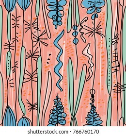 Beautiful Colorful Hand Drawn  Floral Doodle Vector Seamless Pattern. For Bad Cover, Baby Room Wallpaper, Gift Packaging Paper,  Wrapping Paper, Textile, Fabric, Invitation Card Or Other Print     