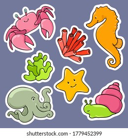Beautiful colorful hand drawn sea animals vector illustration. Happy marine characters sticker collection.