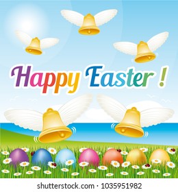 Beautiful and colorful Happy Easter greeting card with easter eggs and bells. Vector illustration.