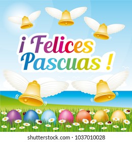 Beautiful and colorful Happy Easter greeting card with easter eggs and bells. Vector spanish illustration I.