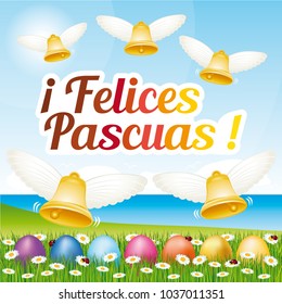 Beautiful and colorful Happy Easter greeting card with easter eggs and bells. Vector spanish illustration II.