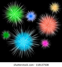 Beautiful colorful holiday fireworks on the black background, vector illustration, EPS 10