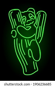 Beautiful colorful illustration with illuminated green neon panda on the dark background