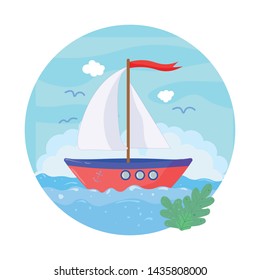 Beautiful, colorful illustration of red boat in the sea. White background. 