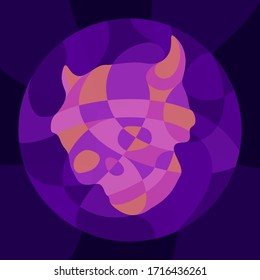 Beautiful colorful illustration with shiny neon colored viking skull on the dark violet background
