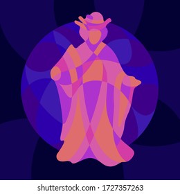 Beautiful colorful illustration with shiny neon colored japanese woman dressed traditional clothes on the dark blue background