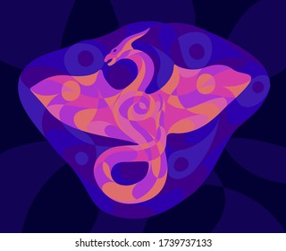 Beautiful colorful illustration with shiny neon colored dragon silhouette on the dark blue background
