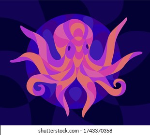 Beautiful colorful illustration with shiny neon colored octopus silhouette on the dark blue background