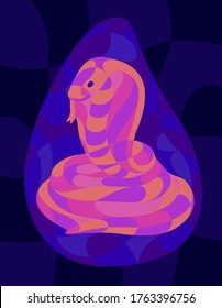 Beautiful colorful illustration with shiny neon colored cobra on the dark blue background