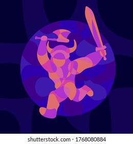 Beautiful colorful illustration with shiny neon colored funny viking warrior silhouette on the dark blue background