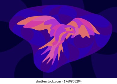 Beautiful colorful illustration with shiny neon colored parrot silhouette on the dark blue background