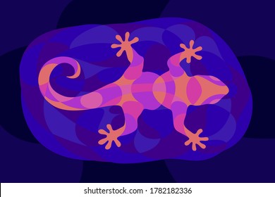 Beautiful colorful illustration with shiny neon colored gecko silhouette on the dark blue background