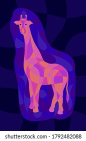 Beautiful colorful illustration with shiny neon colored giraffe silhouette on the dark blue background