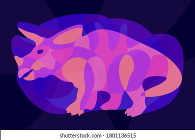 Beautiful colorful illustration with shiny neon colored triceratops silhouette on the dark blue background