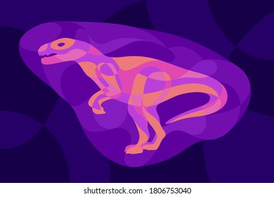 Beautiful colorful illustration with shiny neon colored raptor silhouette on the dark violet background