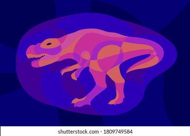 Beautiful colorful illustration with shiny neon colored tyrannosaur silhouette on the dark blue background