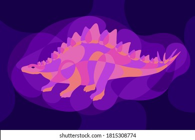 Beautiful colorful illustration with shiny neon colored stegosaur silhouette on the dark blue background